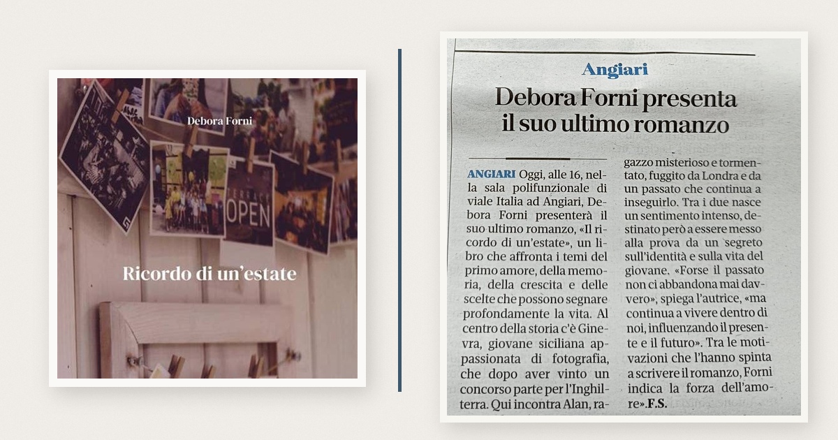 Debora Forni con il romanzo Il ricordo di un’estate e il trafiletto de L’Arena sulla presentazione ad Angiari